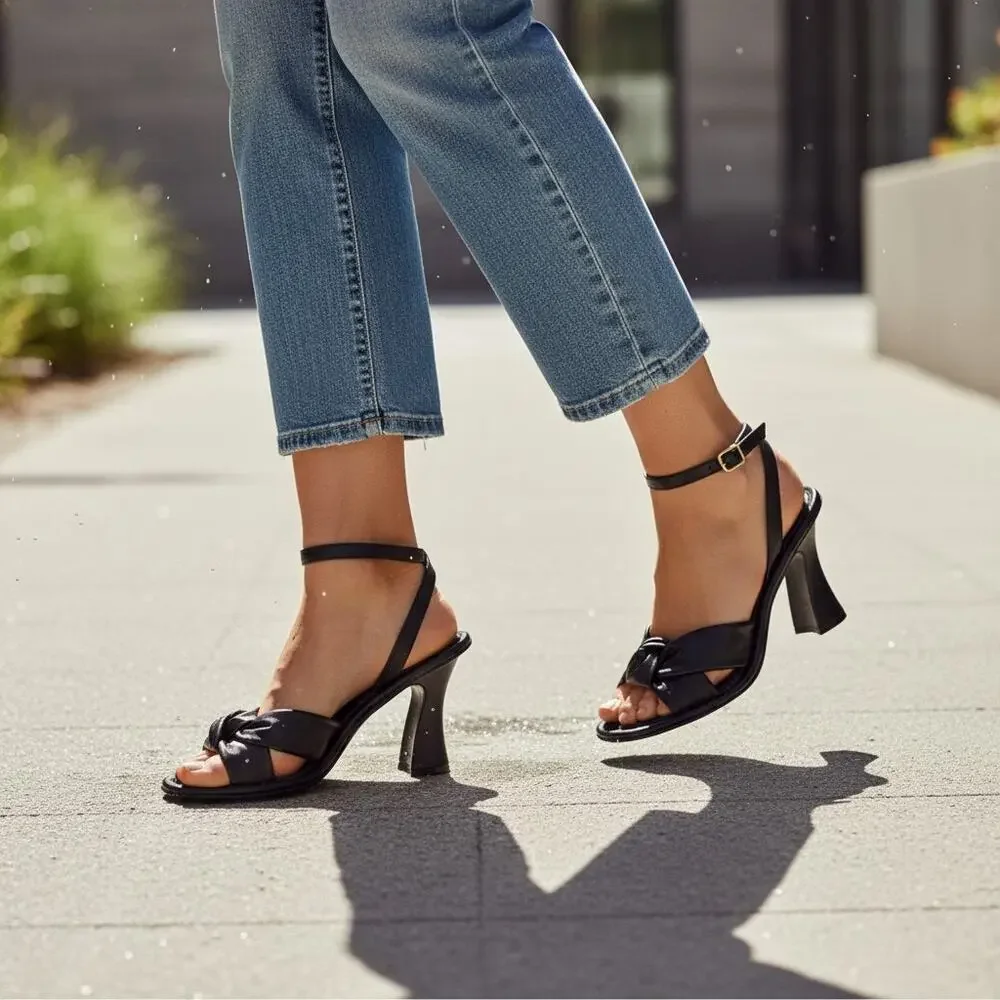 Coach Quincey Black Leather Heeled Sandals Womens 7 B Top Knot Comfort Jacquard - Picture 10 of 15